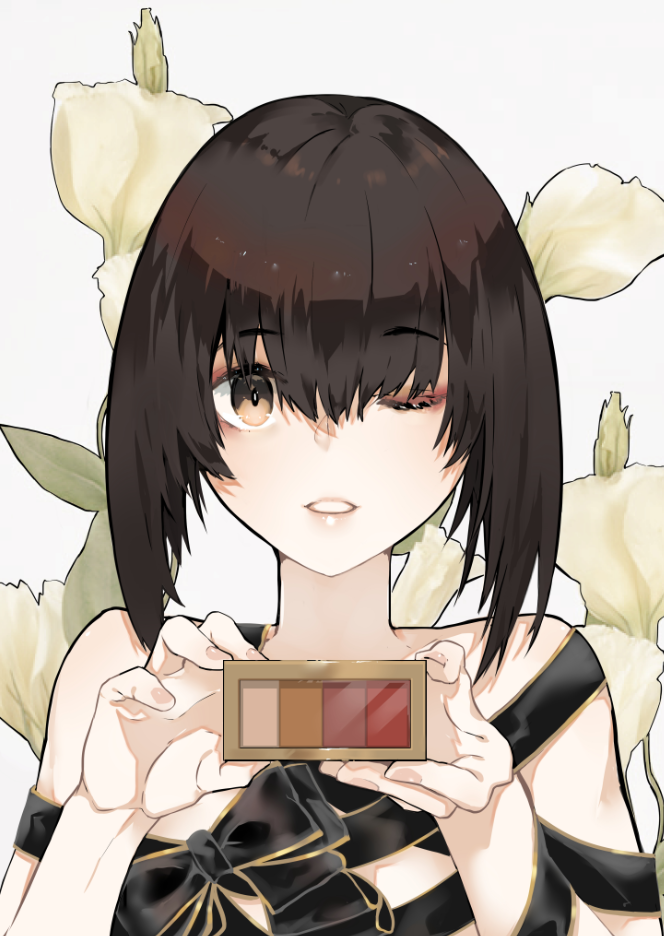 1girl bangs black_ribbon brown_eyes brown_hair commentary eyebrows_visible_through_hair eyeshadow fingernails flower hair_between_eyes holding kantai_collection makeup nello_(luminous_darkness) one_eye_closed ribbon short_hair simple_background solo taihou_(kantai_collection) white_background white_flower