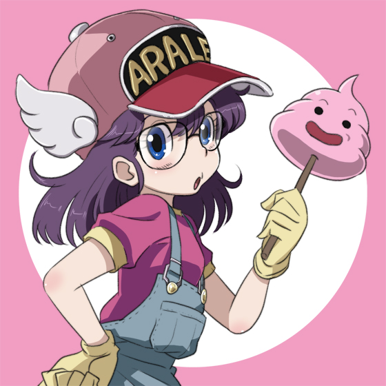 1girl baseball_cap blue_eyes blush clothes_writing commentary_request dr._slump glasses gloves hat long_hair looking_at_viewer norimaki_arale open_mouth overalls purple_hair shirt simple_background solo winged_hat yazwo