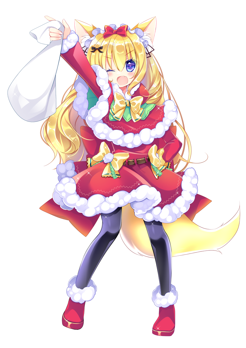 1girl ;d animal_ear_fluff animal_ears arm_up bangs black_legwear black_ribbon blonde_hair blue_eyes blush boots bow capelet dress eyebrows_visible_through_hair fang fox_ears fox_girl fox_tail full_body fur-trimmed_boots fur-trimmed_capelet fur-trimmed_dress fur-trimmed_sleeves fur_trim hair_between_eyes hair_bow hair_ribbon holding holding_sack hood hood_down hooded_capelet long_hair long_sleeves one_eye_closed open_mouth original outstretched_arm pantyhose red_bow red_capelet red_dress red_footwear ribbon sack santa_costume shikito simple_background sleeves_past_wrists smile solo standing tail v-shaped_eyebrows very_long_hair white_background yellow_bow