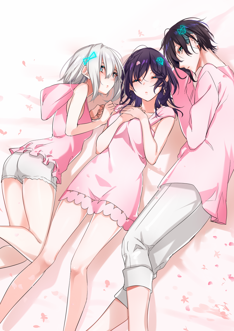 3girls aqua_eyes black_hair clenched_hand closed_eyes crossed_arms diamond_hair_ornament earrings hair_ornament heart heart_hair_ornament hood hood_down jewelry long_sleeves lying multiple_girls nijisanji on_back on_bed on_side pajamas pants petals pink_pajamas short_hair silver_hair virtual_youtuber white_background white_pants yodare_(3yami8)