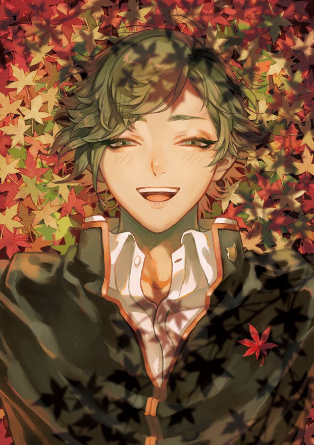 1boy :d autumn_leaves bangs buttons gakuran green_eyes green_hair half-closed_eyes happy leaf looking_at_viewer lying male_focus maple_leaf on_back on_ground open_mouth school_uniform shade smile solo swept_bangs touken_ranbu uguisumaru upper_body user_tufx3333