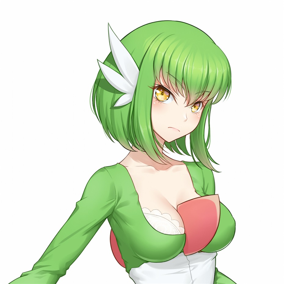 1girl alternate_hair_length alternate_hairstyle anarchojs bangs between_legs bob_cut breasts c.c. closed_mouth code_geass cosplay eyebrows_visible_through_hair frown gardevoir gardevoir_(cosplay) green_hair hair_ornament long_sleeves looking_at_viewer medium_breasts pokemon pokemon_(game) short_hair simple_background solo upper_body white_background yellow_eyes