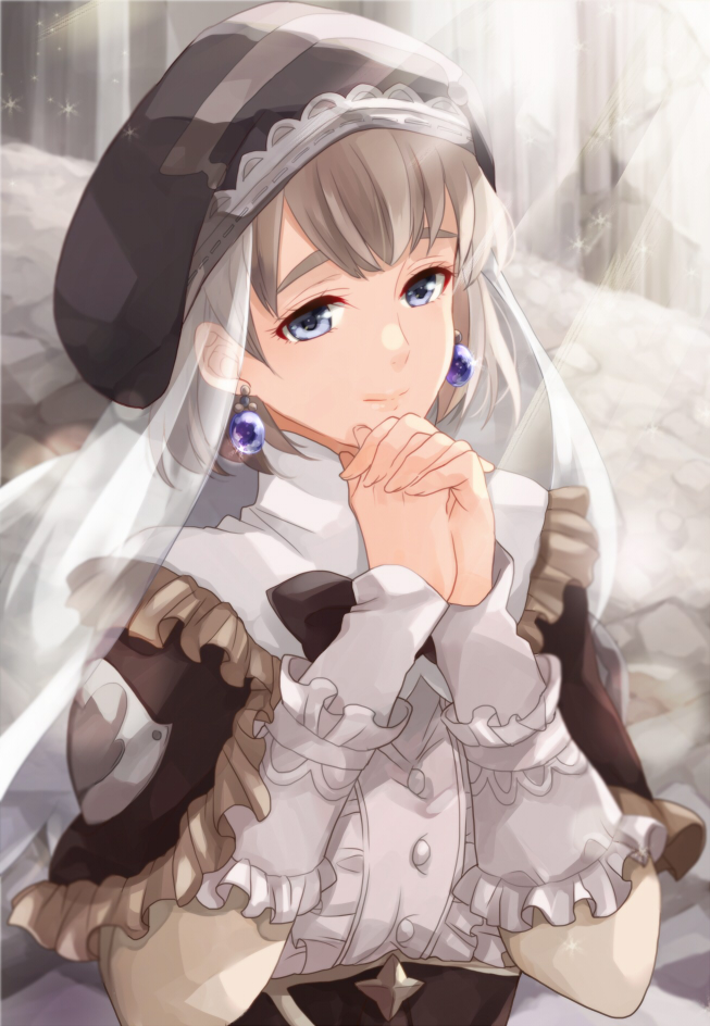 1girl blonde_hair blue_eyes closed_mouth earrings fire_emblem fire_emblem:_three_houses hands_clasped hat jewelry konoha2014 long_sleeves mercedes_von_martritz own_hands_together short_hair solo upper_body veil