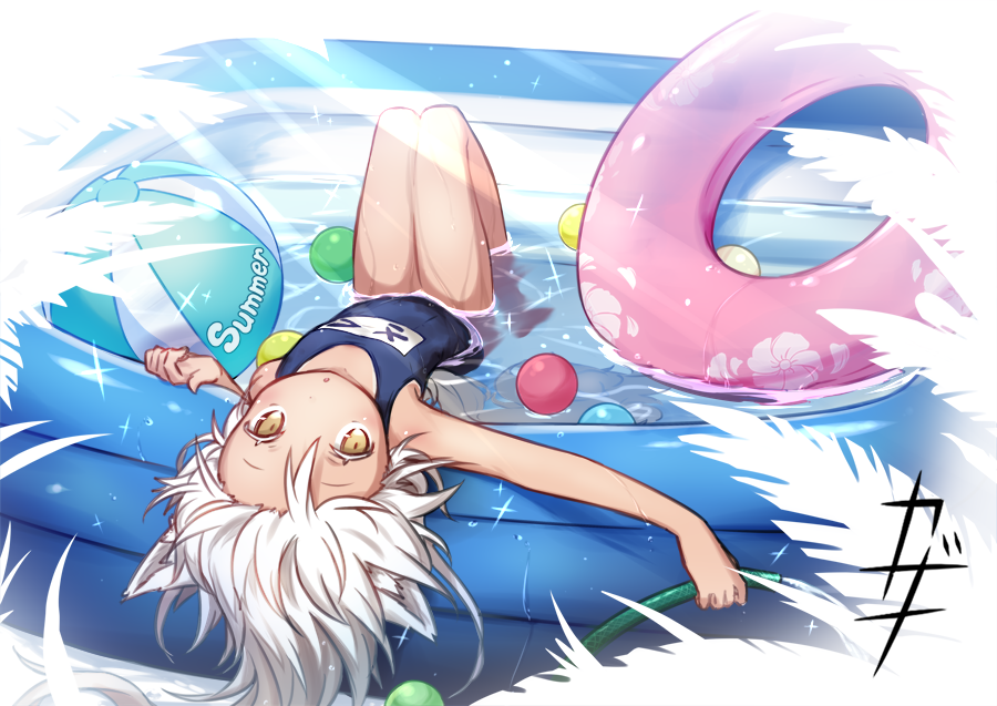 1girl animal_ears ball beachball hose innertube kazana_(sakuto) knees_up looking_at_viewer lying on_back one-piece_swimsuit original partially_submerged saku_(kazana) school_swimsuit solo summer swimsuit tan wading_pool water white_hair wolf_ears wolf_girl yellow_eyes