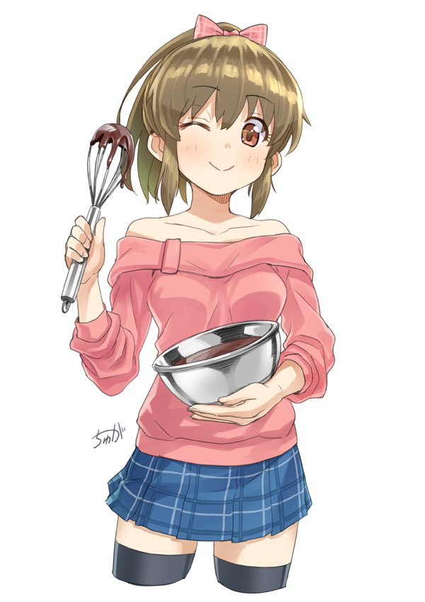 1girl bare_shoulders blush bow bowl brown_eyes brown_hair chocolate collarbone commentary cowboy_shot cropped_legs eyebrows_visible_through_hair food hair_bow high_ponytail holding holding_bowl hori_yuuko idolmaster idolmaster_cinderella_girls ladle long_hair long_sleeves looking_at_viewer off-shoulder_sweater off_shoulder one_eye_closed pink_bow pink_sweater plaid plaid_skirt pleated_skirt ponytail signature simple_background skirt smile solo sweater thigh-highs tyuga whisk white_background zettai_ryouiki