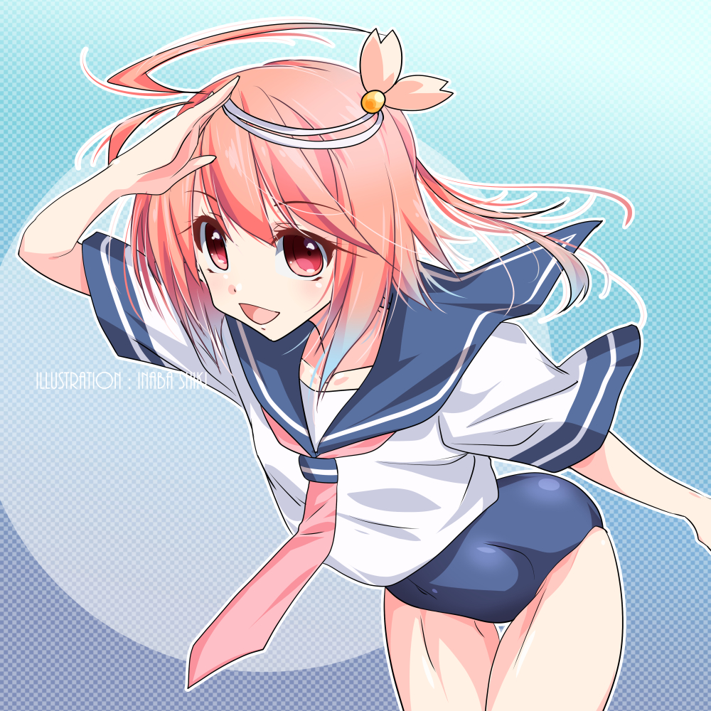 1girl ahoge artist_name blue_background blue_sailor_collar blue_swimsuit commentary_request hair_ornament i-58_(kantai_collection) inaba_shiki kantai_collection leaning_forward neckerchief no_pants pink_hair pink_neckwear polka_dot polka_dot_background red_eyes sailor_collar school_swimsuit school_uniform serafuku shading_eyes short_hair smile solo standing swimsuit swimsuit_under_clothes thigh_gap