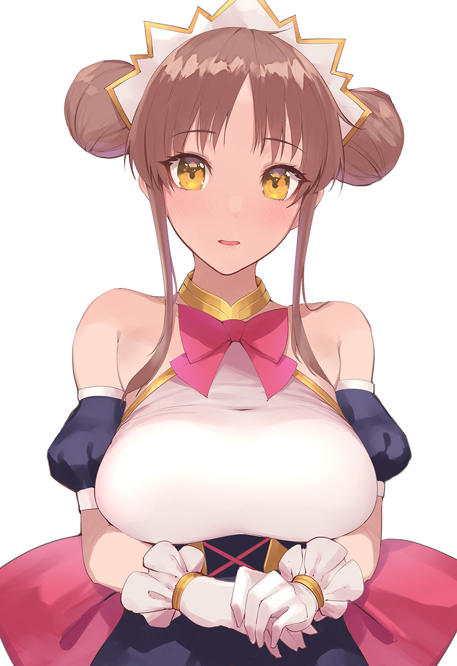 1girl amano_suzume bangs bare_shoulders blue_dress blush bow bowtie breasts brown_hair cross-laced_clothes double_bun dress gloves highres large_breasts parted_bangs parted_lips pink_neckwear princess_connect! princess_connect!_re:dive sidelocks solo underbust white_gloves yaman yellow_eyes