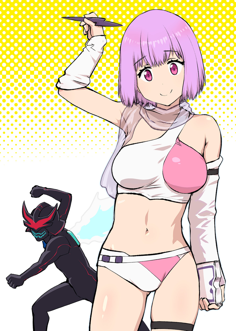 1girl alexis_kerib breasts closed_mouth commentary_request cosplay crop_top highres lavender_hair looking_at_viewer midriff navel oldschool shinjou_akane short_hair shorts smile ssss.gridman stomach ueyama_michirou wingman yume_aoi yume_aoi_(cosplay)