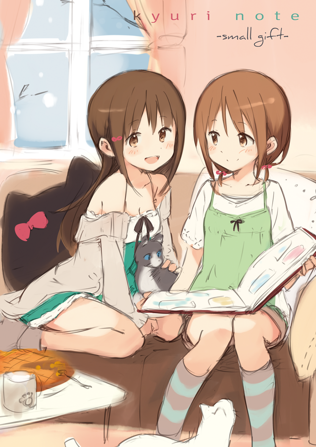 2girls :d animal bangs bare_shoulders blush book brown_eyes brown_hair brown_shorts cat closed_mouth collarbone commentary_request couch cup curtains dress english_text eyebrows_visible_through_hair food fork green_camisole green_dress grey_jacket grey_legwear hair_ribbon highres indoors jacket kyuri long_hair looking_at_another looking_at_viewer mug multiple_girls no_shoes off_shoulder on_couch open_book open_clothes open_jacket open_mouth original pillow red_ribbon ribbon shirt short_shorts short_sleeves shorts sitting sketch sleeveless sleeveless_dress smile socks striped striped_legwear table very_long_hair white_cat white_shirt window