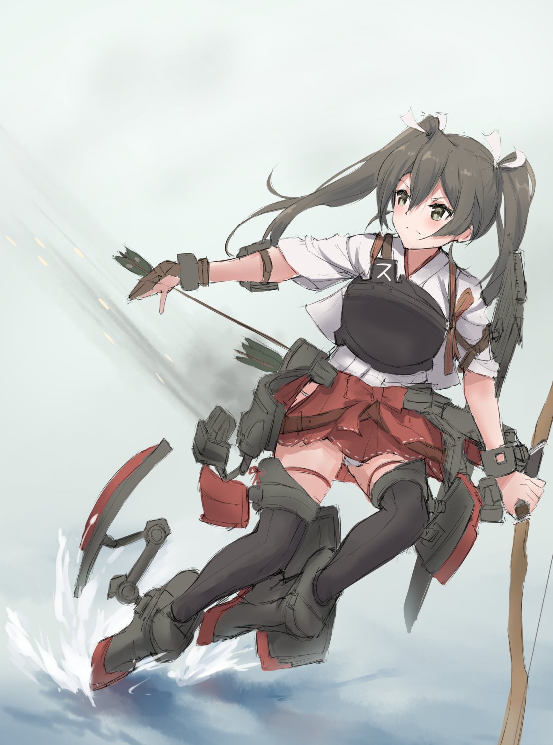 1girl arrow bangs blush boots bow_(weapon) brown_gloves gloves green_eyes green_hair hair_between_eyes hair_ribbon highres hip_vent holding holding_bow_(weapon) holding_weapon japanese_clothes k_jie kantai_collection long_hair muneate panties partly_fingerless_gloves quiver red_skirt ribbon rigging single_glove sketch skirt solo tasuki twintails underwear weapon white_panties yugake zuikaku_(kantai_collection)