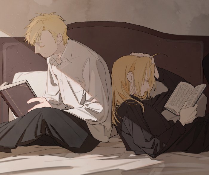 2boys alphonse_elric bangs bed bed_sheet black_clothes black_pants blonde_hair book brothers closed_eyes closed_mouth collar collared_shirt edward_elric from_side fullmetal_alchemist gloves hand_on_own_head holding holding_book long_hair long_sleeves lying male_focus multiple_boys p0ckylo pants reading shirt siblings sitting white_gloves white_shirt