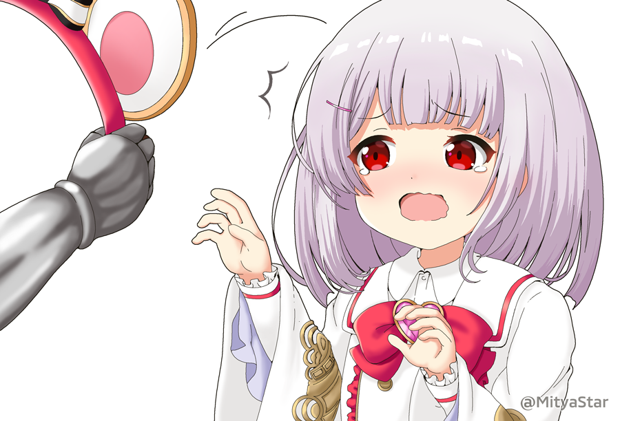 /\/\/\ 1girl animal_ears bangs blush bow collared_shirt commentary_request eyebrows_visible_through_hair fake_animal_ears gauntlets granblue_fantasy grey_hair hair_ornament hairband hairband_removed hairclip heart holding long_sleeves miicha mouse_ears nose_blush open_mouth out_of_frame red_bow red_eyes red_hairband shirt simple_background solo_focus tears twitter_username upper_body vikala_(granblue_fantasy) wavy_mouth white_background white_shirt wide_sleeves