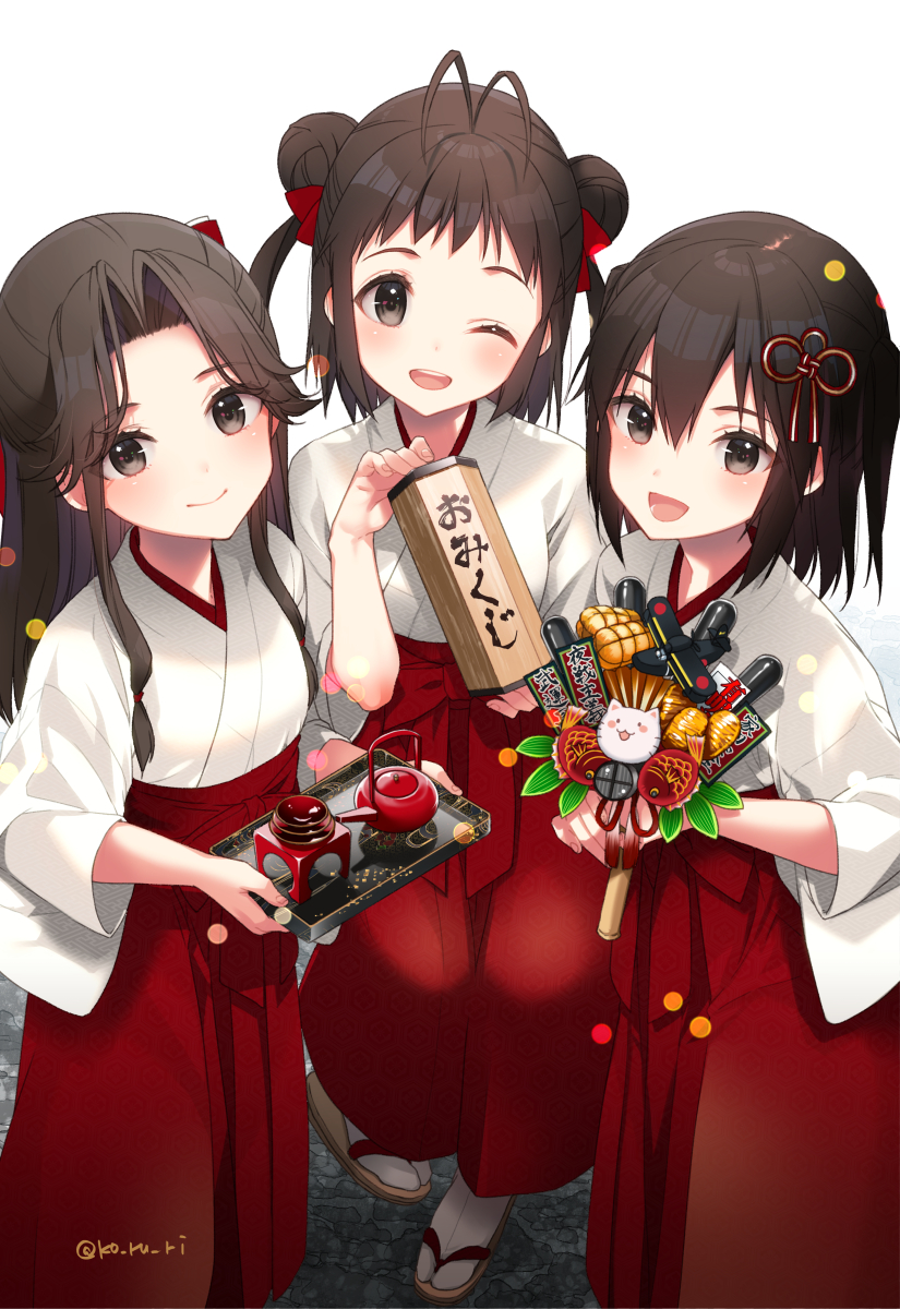 3girls ;d brown_eyes brown_hair double_bun grin hair_intakes hakama half_updo highres holding japanese_clothes jintsuu_(kantai_collection) kantai_collection koruri long_hair miko multiple_girls naka_(kantai_collection) omikuji one_eye_closed open_mouth red_hakama sendai_(kantai_collection) short_hair smile tabi twitter_username two_side_up white_legwear zouri