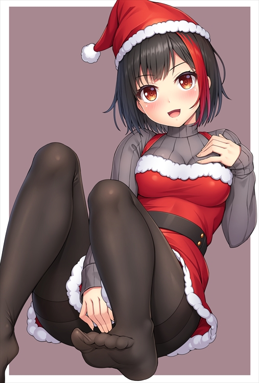 1girl bang_dream! belt between_legs black_hair black_legwear blush border breasts dress eyebrows_visible_through_hair feet fur-trimmed_dress fur-trimmed_hat grey_sweater hand_between_legs hand_on_own_chest hat lambda_(kusowarota) long_sleeves medium_breasts mitake_ran multicolored_hair outside_border pantyhose purple_background red_dress red_eyes red_headwear redhead santa_hat short_hair simple_background sleeves_past_wrists solo streaked_hair sweater thighband_pantyhose white_border