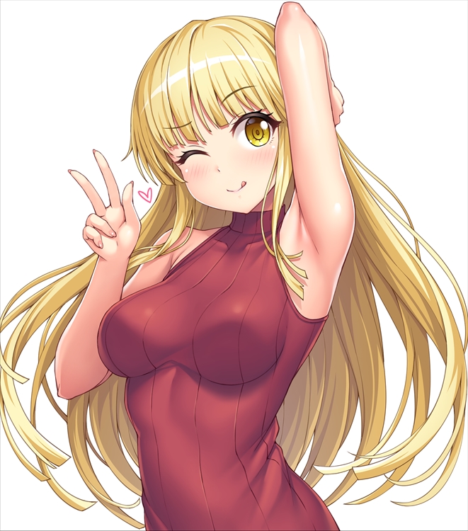 1girl ;q armpits arms_up bang_dream! blonde_hair blush breasts closed_mouth eyelashes heart lambda_(kusowarota) looking_at_viewer medium_breasts one_eye_closed red_sweater sleeveless_sweater smile solo straight_hair sweater tareme tongue tongue_out tsurumaki_kokoro upper_body v yellow_eyes