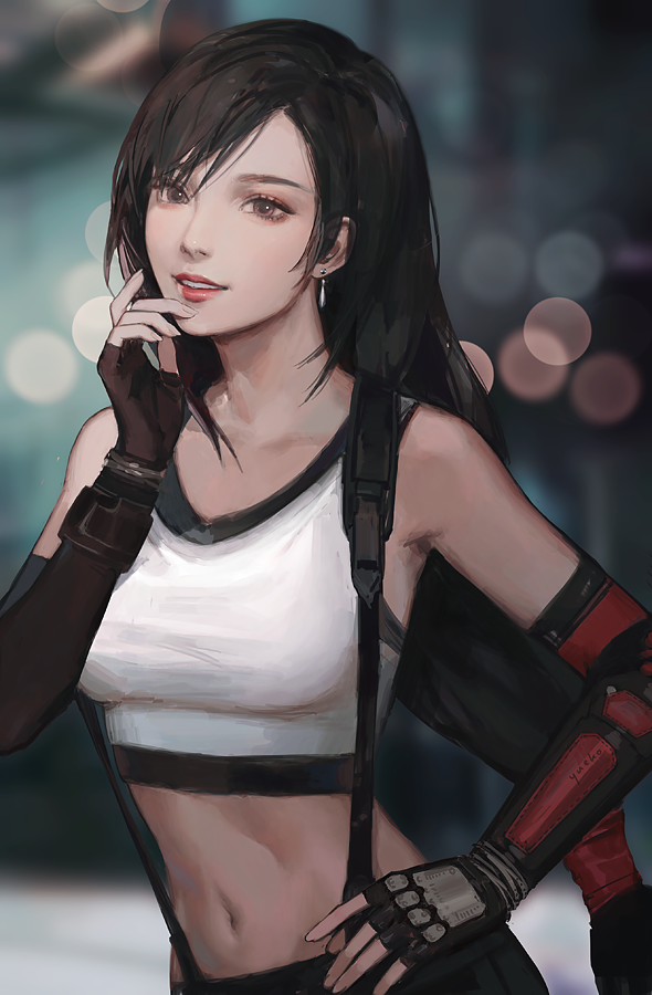 1girl artist_request asymmetrical_bangs bangs bare_shoulders black_gloves black_hair brown_eyes collarbone crop_top earrings elbow_gloves final_fantasy final_fantasy_vii fingerless_gloves gloves hand_on_hip hand_on_own_chin jewelry lipstick looking_at_viewer makeup midriff navel parted_lips realistic red_lips shirt sleeveless sleeveless_shirt smile solo standing suspenders teeth tifa_lockhart upper_body white_shirt