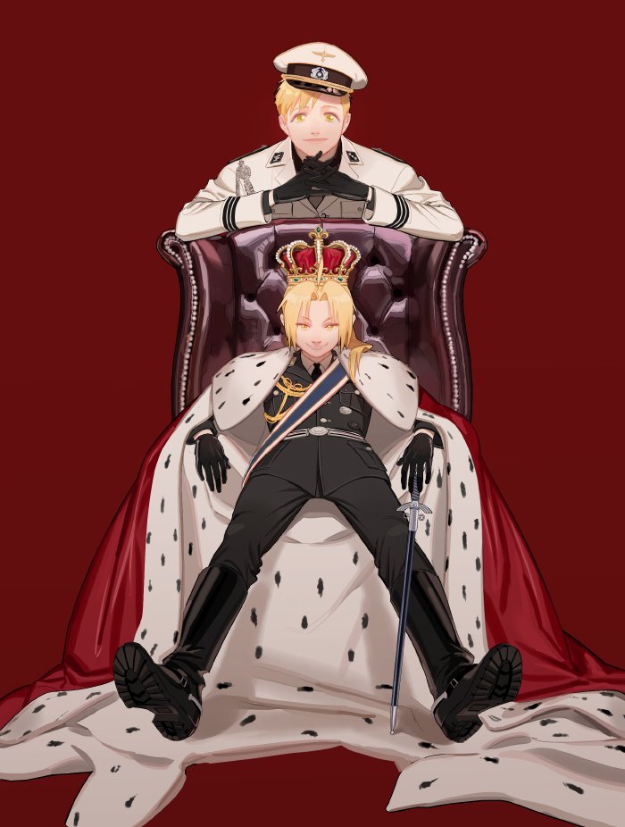 2boys alphonse_elric armchair bangs black_footwear black_gloves black_jacket black_neckwear black_pants blonde_hair boots brothers cape chair closed_mouth collared_shirt crown edward_elric eyebrows_visible_through_hair fullmetal_alchemist gloves hands_together hat holding jacket long_hair long_sleeves looking_at_viewer male_focus military military_uniform multiple_boys navy necktie neckwear p0ckylo pants ponytail red_background shirt siblings simple_background sitting smile standing uniform white_jacket yellow_eyes