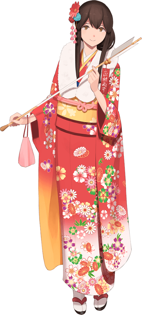 1girl akagi_(kantai_collection) alternate_costume brown_eyes brown_hair closed_mouth flower full_body hair_flower hair_ornament japanese_clothes kantai_collection kimono long_hair looking_at_viewer red_kimono sandals shibafu_(glock23) smile socks solo transparent_background white_footwear wide_sleeves