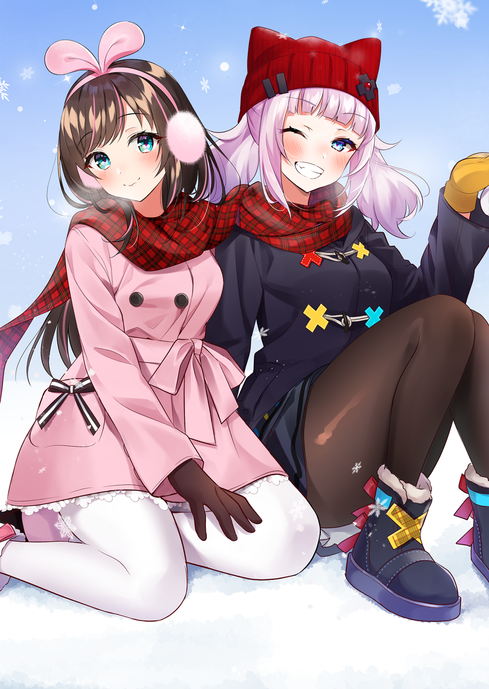 ;d a.i._channel animal_hat ankle_boots bangs beanie black_coat black_footwear black_skirt blue_eyes blunt_bangs blush boots breasts brown_gloves brown_hair brown_legwear closed_mouth commentary_request earmuffs eyebrows_visible_through_hair fur-trimmed_boots fur_trim gloves grin haruyuki_14 hat highres kaguya_luna kizuna_ai knees_up looking_at_viewer medium_breasts multicolored_hair one_eye_closed open_mouth orange_gloves pantyhose pink_coat pink_hair pink_ribbon plaid plaid_scarf red_headwear red_scarf ribbon scarf shared_scarf sidelocks sitting skirt smile snowflakes streaked_hair swept_bangs teeth the_moon_studio twintails virtual_youtuber white_legwear yokozuwari