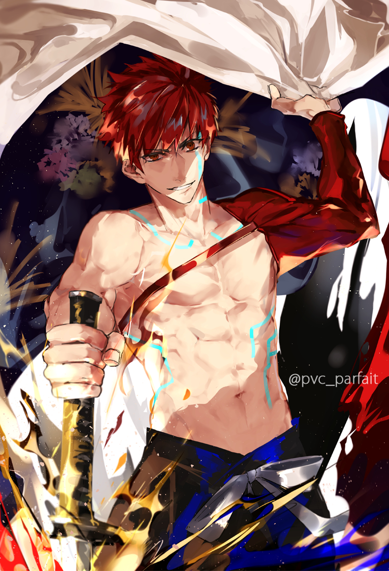 1boy abs cape commentary craft_essence emiya_shirou fate/grand_order fate/stay_night fate_(series) grin holding holding_sword holding_weapon igote japanese_clothes katana limited/zero_over magic_circuit male_focus navel pvc_parfait red_eyes redhead sengo_muramasa_(fate) shirtless short_hair single_bare_shoulder smile sword twitter_username weapon yellow_eyes