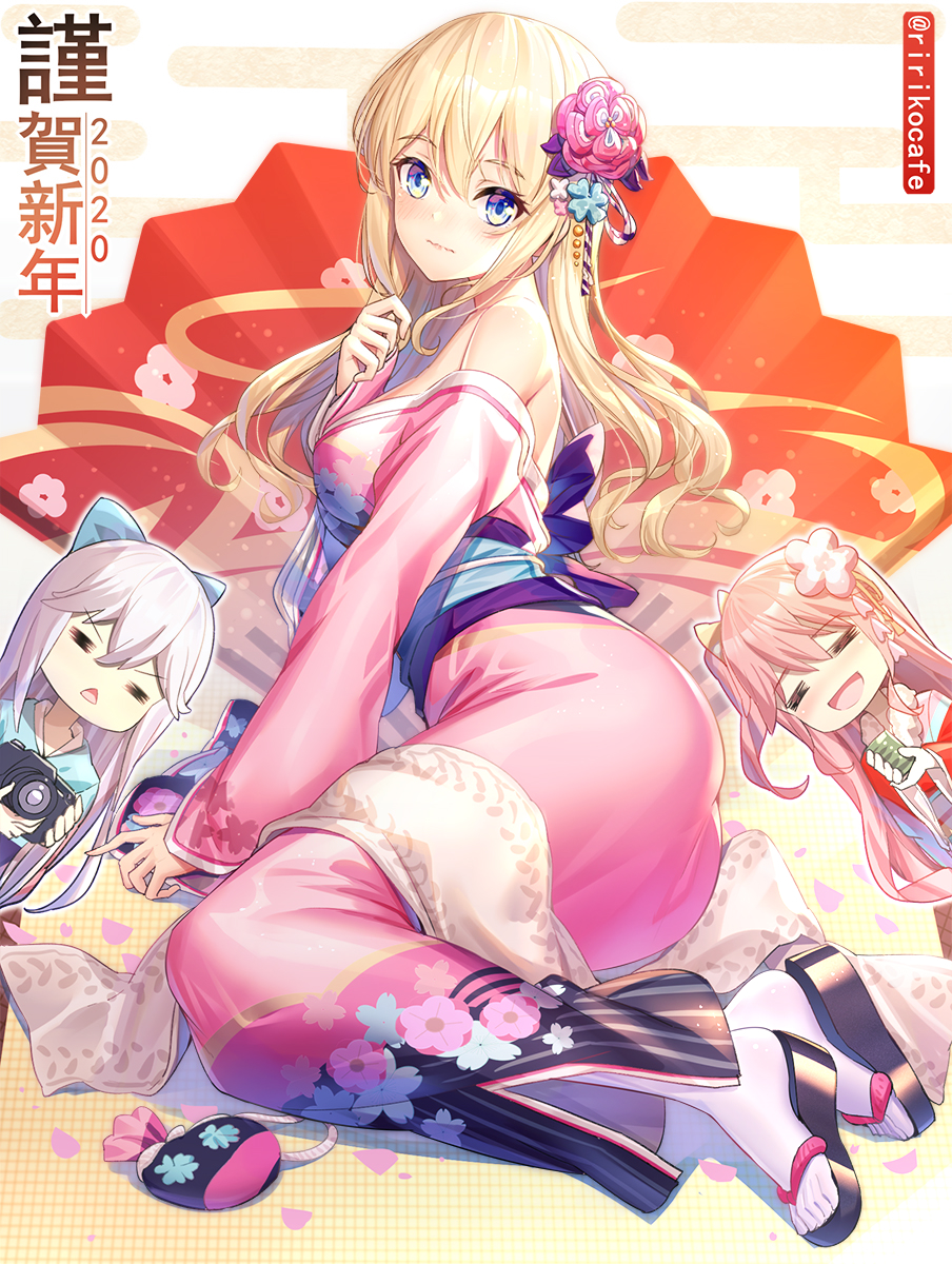 2020 3girls :d =_= bangs bare_shoulders black_footwear blonde_hair blue_bow blue_eyes blue_flower blue_kimono blush bow breasts camera closed_eyes closed_mouth commentary_request egasumi emily_stock eyebrows_visible_through_hair flower futaba_(zhuoyandesailaer) hair_between_eyes hair_bow hair_flower hair_ornament highres holding holding_camera japanese_clothes kimono long_hair long_sleeves lying medium_breasts multiple_girls obi off_shoulder on_side one_side_up open_mouth original pink_kimono red_kimono ririko_(zhuoyandesailaer) sash silver_hair sleeves_past_wrists smile socks triangle_mouth twitter_username v-shaped_eyebrows very_long_hair wavy_mouth white_legwear wide_sleeves zouri