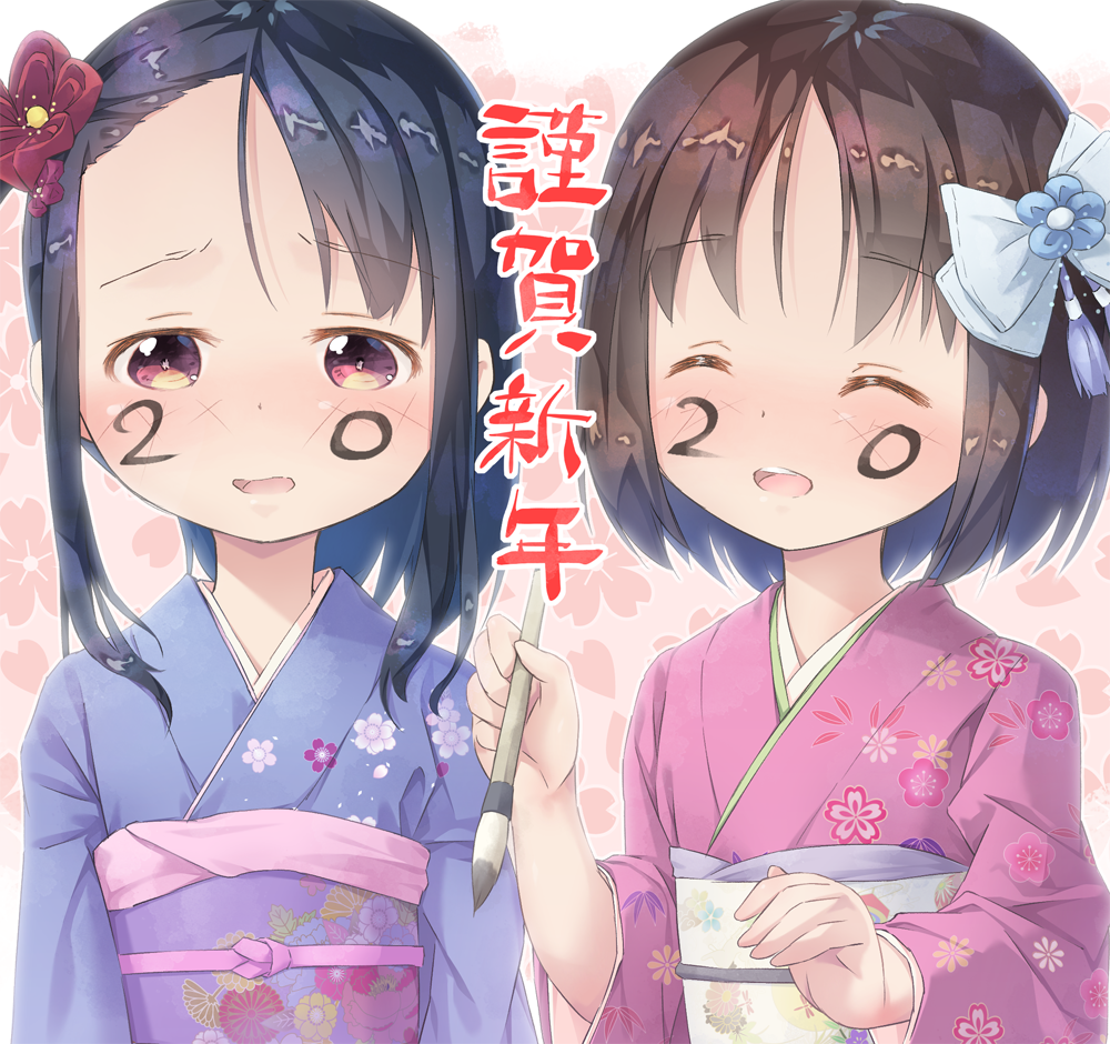 2020 2girls :d ^_^ asymmetrical_bangs bangs black_hair blue_bow blue_kimono blush bow brown_hair calligraphy_brush closed_eyes commentary_request facepaint floral_background floral_print forehead hair_blowing hair_ornament holding holding_paintbrush japanese_clothes kimono long_hair multiple_girls new_year obi open_mouth original paintbrush pink_kimono print_kimono pu-en red_eyes sash smile translated upper_body upper_teeth