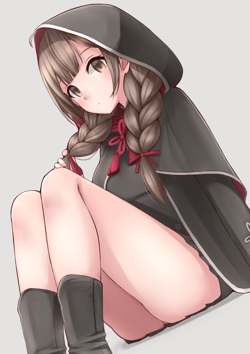 1girl bangs black_dress black_footwear blush boots braid breasts brown_eyes brown_hair capelet commentary_request dress grey_background hair_ribbon highres hood hood_up hooded_capelet kantai_collection long_hair looking_at_viewer ribbon shinshuu_maru_(kantai_collection) simple_background sitting solo thighs tiemu_(man190) twin_braids