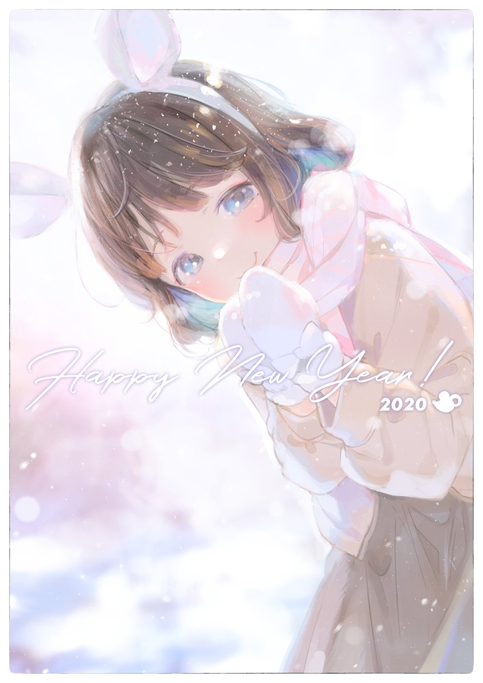 1girl 2020 animal_ears backlighting blue_eyes blush border brown_hair chinese_zodiac coat commentary dated english_text eyebrows_visible_through_hair fake_animal_ears glove_bow hairband happy_new_year henreader highres light light_particles looking_at_viewer mittens mouse_ears new_year original own_hands_together scarf short_hair smile solo symbol_commentary upper_body white_border winter_clothes year_of_the_rat