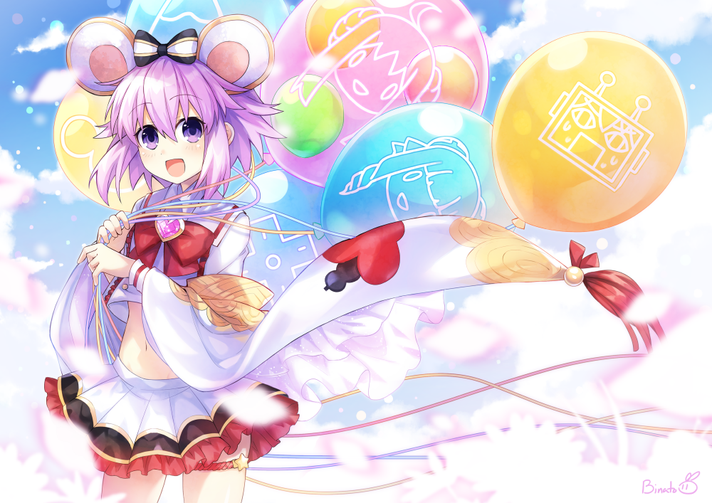 1girl alternate_costume animal_ears artist_name balloon bangs binato_lulu bow bowtie clouds cloudy_sky commentary_request cosplay eyebrows_visible_through_hair frilled_skirt frills granblue_fantasy hair_between_eyes hair_bow heart holding_balloon long_sleeves looking_at_viewer mouse_ears navel nepgyaa neptune_(neptune_series) neptune_(series) open_mouth purple_hair red_neckwear shirt short_hair sidelocks skirt sky solo thigh_strap vikala_(granblue_fantasy) vikala_(granblue_fantasy)_(cosplay) violet_eyes white_shirt white_skirt wide_sleeves