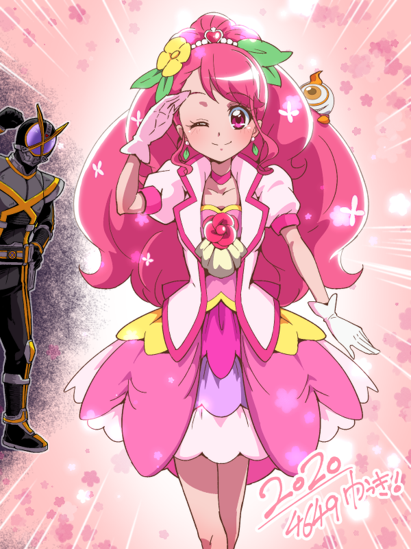 1boy 1girl 2020 black_pants blush choker clenched_hand closed_mouth cowboy_shot crossover cure_grace earrings flower gloves hair_bun hair_flower hair_ornament hanadera_nodoka healin'_good_precure heart heart_hair_ornament helmet jewelry kamen_rider kamen_rider_555 kamen_rider_ghost_(series) kamen_rider_kaixa layered_skirt long_hair looking_at_viewer magical_girl one_eye_closed pants pink_background pink_eyes pink_hair pink_neckwear pink_skirt pink_theme precure puffy_sleeves salute shiny shiny_hair skirt smile standing tj-type1 white_gloves yurusen