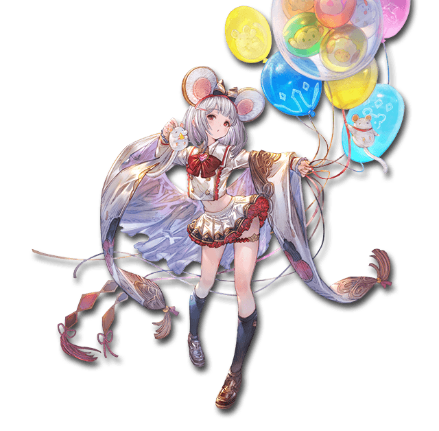 animal_ears balloon balloon_animal granblue_fantasy headband japanese_clothes kimono kneehighs loafers long_sleeves minaba_hideo miniskirt mouse_ears official_art red_eyes shoes silver_hair skirt stuffed_animal stuffed_toy vikala_(granblue_fantasy)