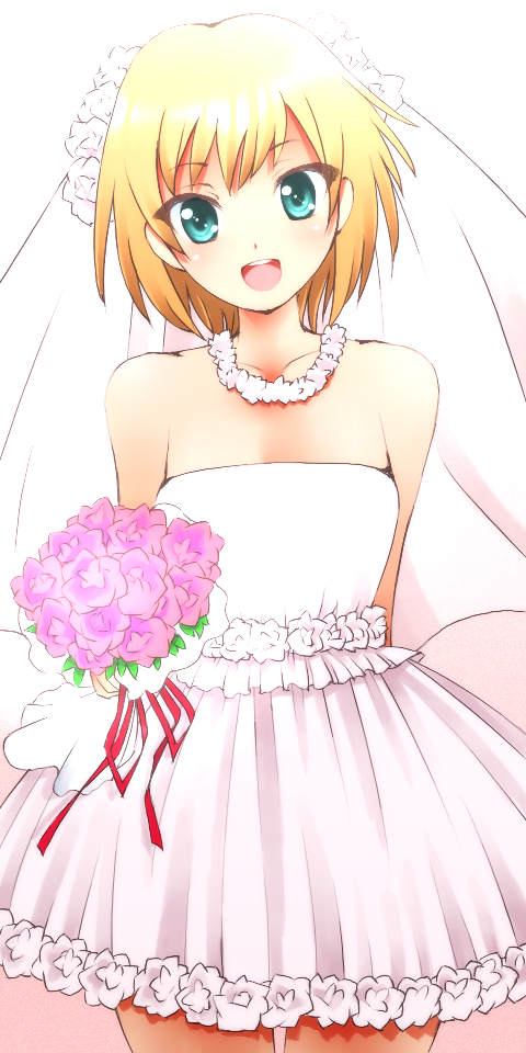 1girl :d aqua_eyes bangs blonde_hair blush bouquet bridal_veil commentary_request dr_rex dress eyebrows_visible_through_hair flower holding holding_bouquet looking_at_viewer miyamori_aoi open_mouth pink_flower red_ribbon ribbon round_teeth shirobako short_hair smile solo strapless strapless_dress teeth upper_teeth veil wedding_dress white_dress