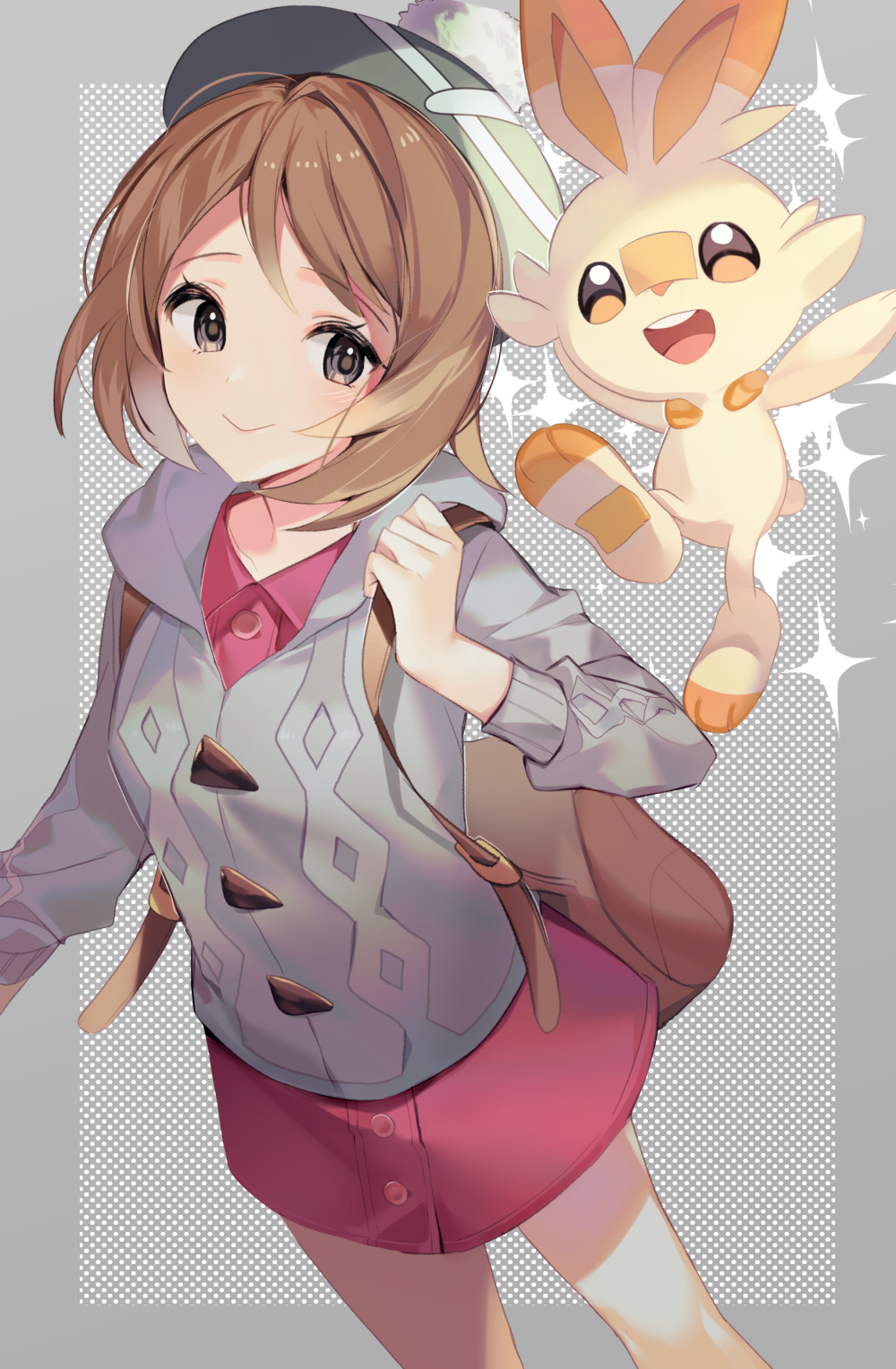 1girl backpack bag bangs blush bob_cut brown_eyes brown_hair cardigan commentary_request dress gen_8_pokemon green_headwear grey_cardigan hat highres long_sleeves looking_at_viewer open_mouth pink_dress pokemon pokemon_(creature) pokemon_(game) pokemon_swsh scorbunny short_hair smile tam_o'_shanter yuhi_(hssh_6) yuuri_(pokemon)