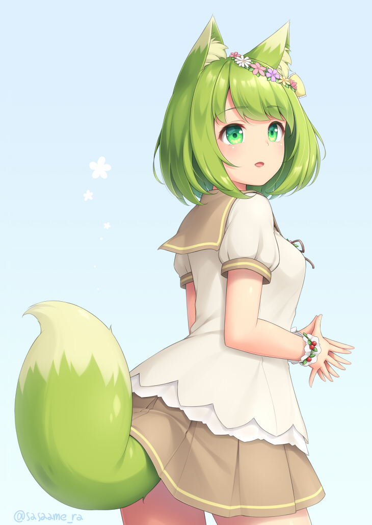 1girl animal_ear_fluff animal_ears bangs blue_background blush bow bracelet eyebrows_visible_through_hair fox_ears fox_tail green_eyes green_hair hands_together jewelry looking_at_viewer original profile sailor_collar sasaame school_uniform serafuku short_hair solo tail twitter_username yellow_bow