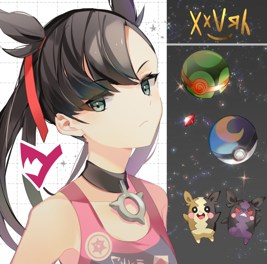 1girl bangs bare_shoulders black_choker black_hair breasts choker closed_mouth crystal dusk_ball frown gen_8_pokemon green_eyes jacket long_hair looking_at_viewer mary_(pokemon) morpeko o-ring pointy_hair poke_ball poke_ball_theme pokemon pokemon_(creature) pokemon_(game) pokemon_swsh red_ribbon ribbon sleeveless sparkle upper_body yuhi_(hssh_6)