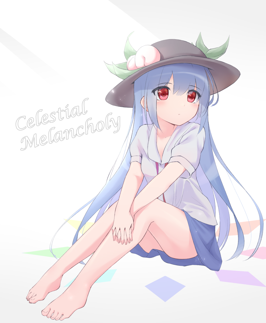 1girl adapted_costume bare_legs barefoot black_headwear blue_hair blue_skirt commentary english_text expressionless eyebrows_visible_through_hair food fruit gradient gradient_background hair_between_eyes hands_on_own_leg hat hinanawi_tenshi imoutochiru knees_up leaf long_hair looking_away peach red_eyes red_neckwear red_ribbon ribbon shirt short_sleeves simple_background sitting skirt solo touhou very_long_hair white_background white_shirt