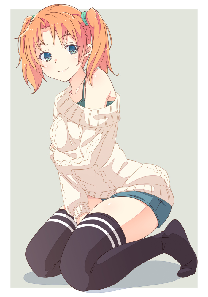 1girl aqua_eyes bangs between_legs black_legwear blue_shorts e20 grey_background hair_tie hand_between_legs long_sleeves no_shoes off-shoulder_sweater off_shoulder orange_hair original short_shorts shorts simple_background sitting smile solo spaghetti_strap sweater thigh-highs twintails white_sweater