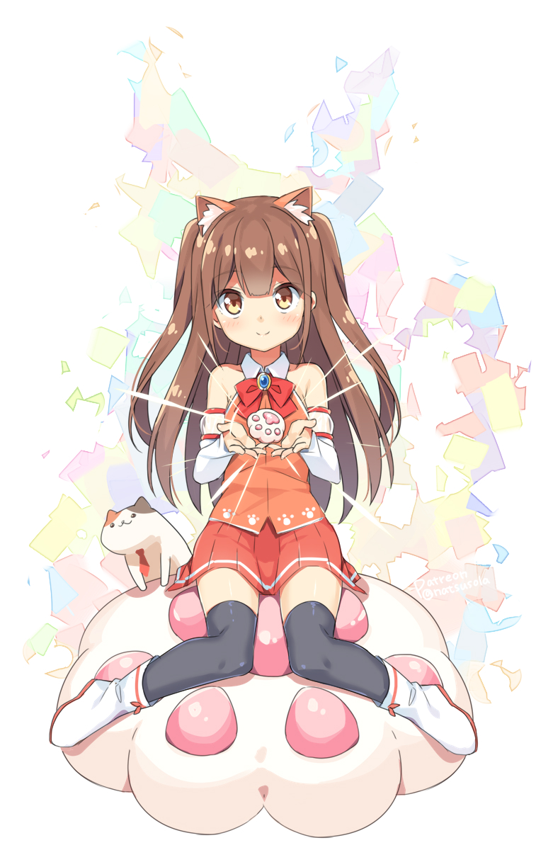 1girl animal animal_ear_fluff animal_ears bangs bare_shoulders black_legwear blush boots bow brooch brown_eyes brown_hair cat cat_ears chinese_commentary closed_mouth collared_shirt commentary_request detached_sleeves eyebrows_visible_through_hair hands_up hatsunatsu highres jewelry long_hair long_sleeves looking_at_viewer necktie orange_shirt original paws pleated_skirt red_bow red_neckwear red_skirt shirt skirt sleeveless sleeveless_shirt smile solo thigh-highs thighhighs_under_boots two_side_up very_long_hair white_background white_footwear white_sleeves