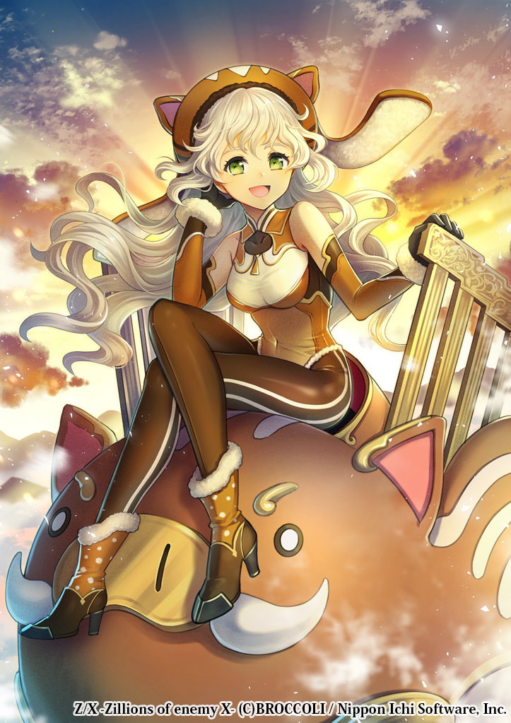 1girl :d animal_hat black_gloves boar brown_footwear brown_legwear clouds company_name copyright_name covered_navel gloves green_eyes hat high_heels leotard official_art open_mouth outdoors ronce sitting smile z/x