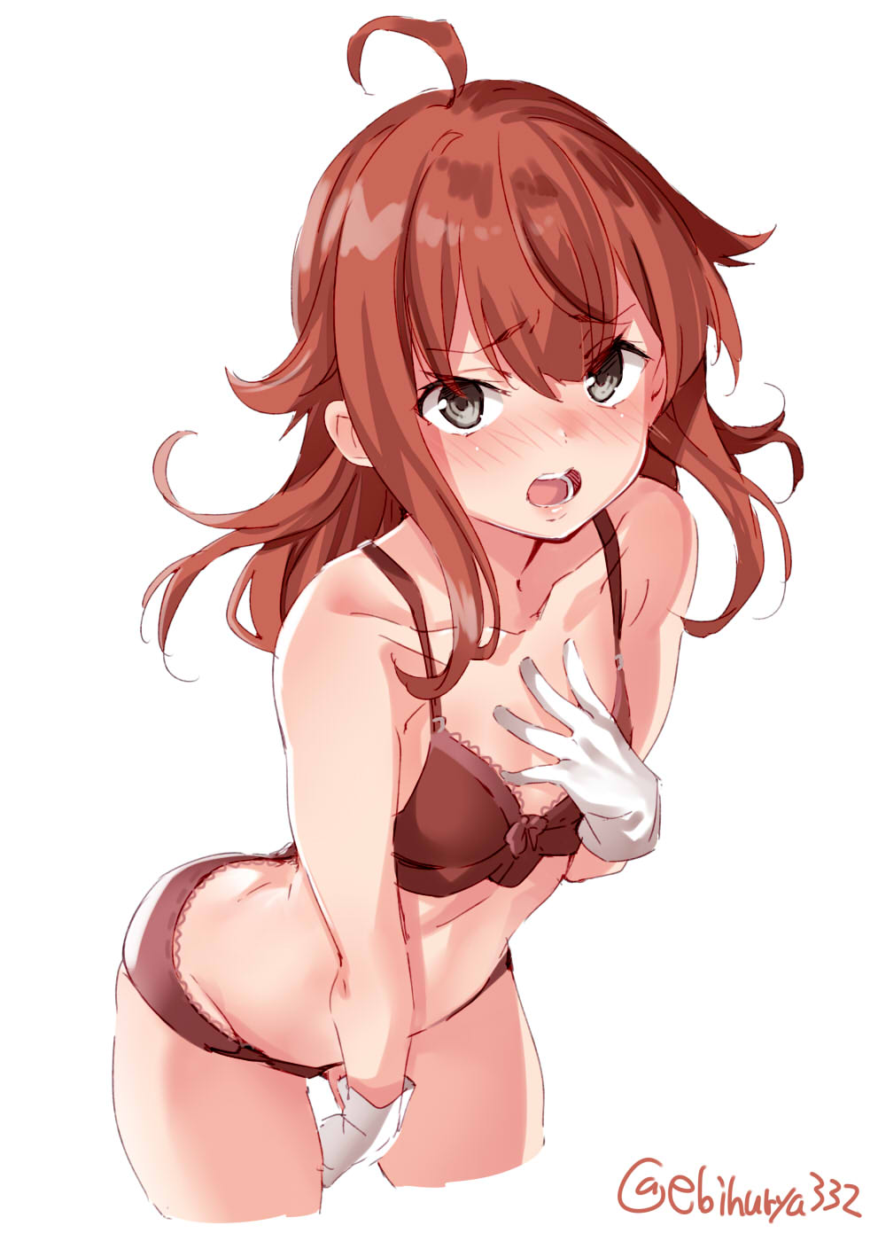 1girl ahoge arashi_(kantai_collection) between_legs blush bow bow_bra bra breasts brown_eyes collarbone cropped_legs ebifurya eyebrows_visible_through_hair eyes_visible_through_hair gloves grey_eyes hair_between_eyes hand_between_legs highres kantai_collection long_hair looking_at_viewer messy_hair nose_blush open_mouth panties red_bra red_panties redhead sidelocks simple_background small_breasts solo teeth twitter_username underwear underwear_only white_background white_gloves