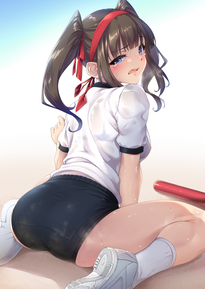 1girl arm_support ass back bangs between_legs blue_buruma blue_eyes blunt_bangs blush bra breasts breath brown_hair buruma day dirty_clothes dripping eyebrows_visible_through_hair from_behind gym_uniform hairband hand_between_legs hand_up highres kanata_(kanata_onion) looking_at_viewer looking_back on_ground open_mouth original outdoors pantylines relay_baton sand see-through shoes short_sleeves sidelocks sitting socks solo spread_legs sweat tearing_up twintails underwear wariza white_legwear