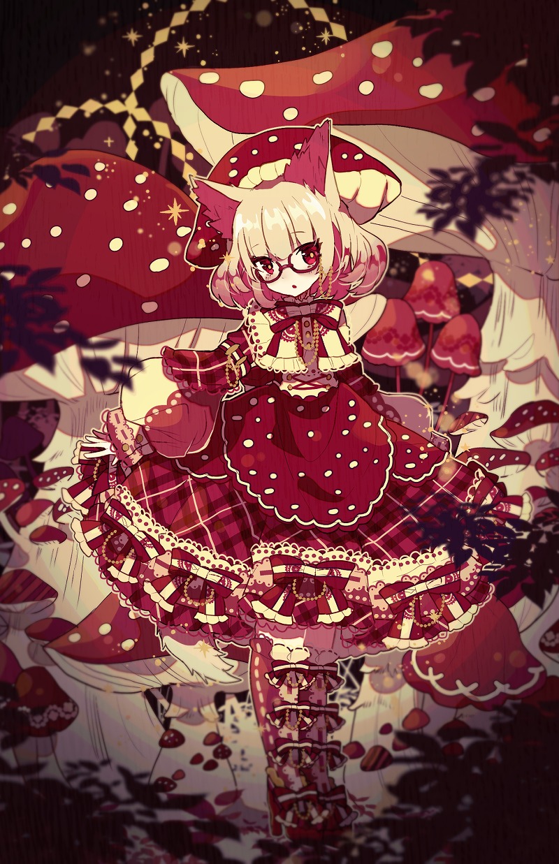 1girl :o animal_ears apron blonde_hair blurry boots checkered checkered_skirt depth_of_field fly_agaric fox_ears full_body highres juliet_sleeves knee_boots long_sleeves looking_at_viewer mogmogyasai original polka_dot puffy_sleeves red-framed_eyewear red_eyes skirt skirt_lift solo sparkle standing vignetting