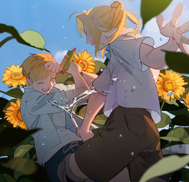 2boys ahoge alphonse_elric armor blonde_hair blue_shirt blue_sky brothers brown_shorts closed_eyes collared_shirt edward_elric flower from_behind fullmetal_alchemist holding holding_water_gun laughing long_hair male_focus multiple_boys one_eye_closed open_mouth p0ckylo ponytail shirt short_sleeves shorts siblings sidelocks sky smile sunflower teeth upper_body water water_gun white_shirt yellow_eyes yellow_flower