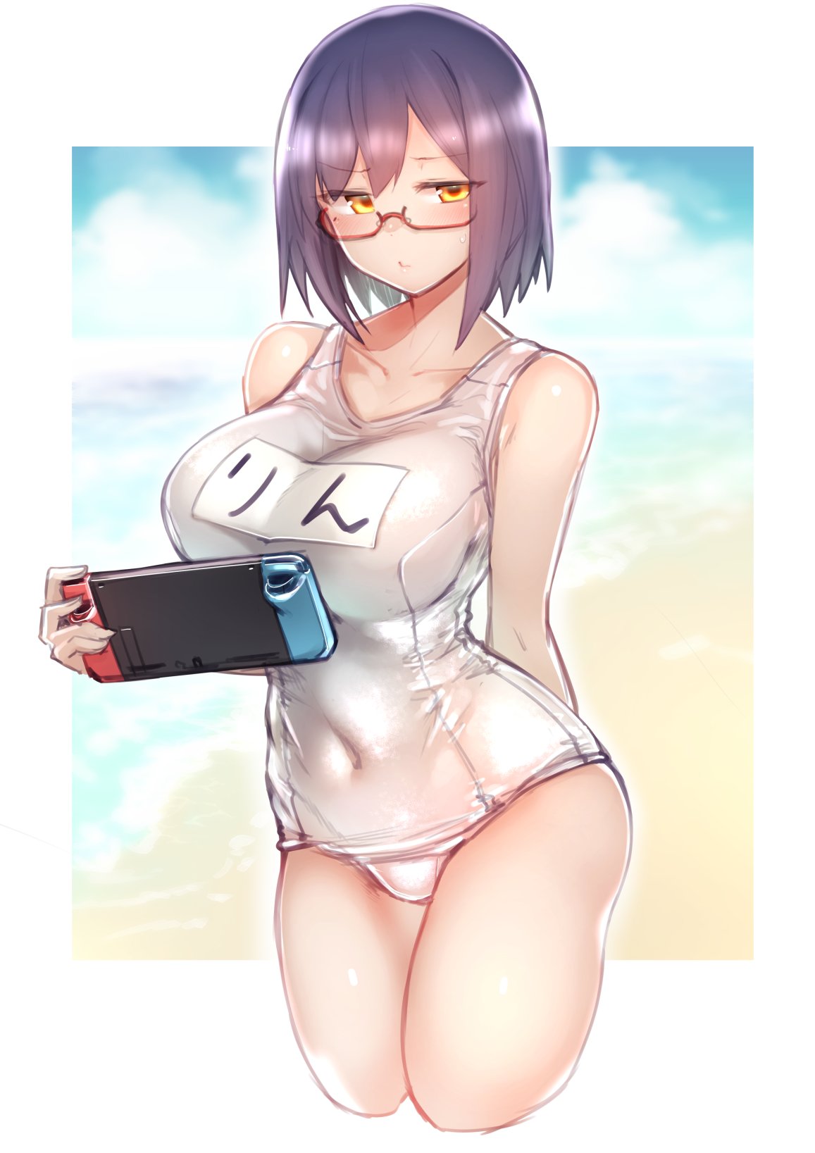 1girl bare_shoulders beach blue_hair blush breasts character_name closed_mouth collarbone commentary covered_navel cowboy_shot game_console highres holding kagami_uekusa large_breasts looking_at_viewer mole mole_under_eye name_tag nijisanji nintendo_switch ocean outdoors red-framed_eyewear school_swimsuit semi-rimless_eyewear shizuka_rin short_hair solo sweatdrop swimsuit under-rim_eyewear virtual_youtuber white_school_swimsuit white_swimsuit yellow_eyes
