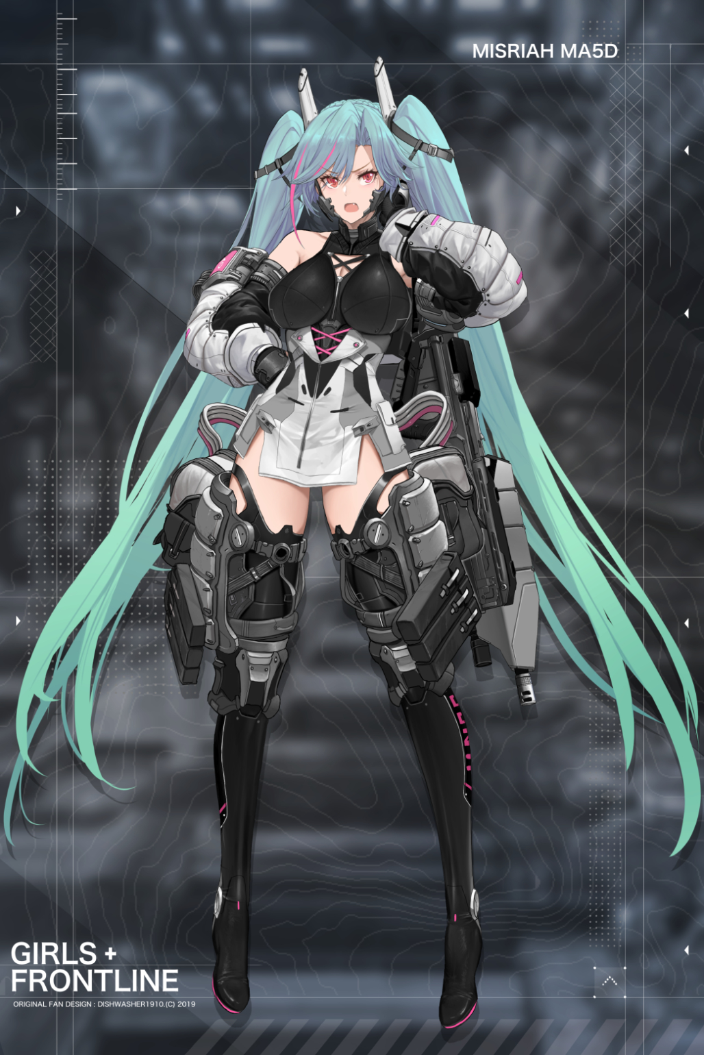 1girl artist_name bangs bare_shoulders black_footwear black_gloves black_legwear blue_hair boots breasts commentary copyright_name detached_sleeves dishwasher1910 dress english_commentary eyebrows_visible_through_hair fang full_body girls_frontline gloves gradient_hair green_hair grey_sleeves hair_between_eyes halo_(game) hand_on_hip hand_up headgear highres large_breasts long_hair long_sleeves multicolored_hair open_mouth original parted_bangs puffy_long_sleeves puffy_sleeves red_eyes short_dress solo standing thigh-highs thigh_boots twintails v-shaped_eyebrows very_long_hair white_dress