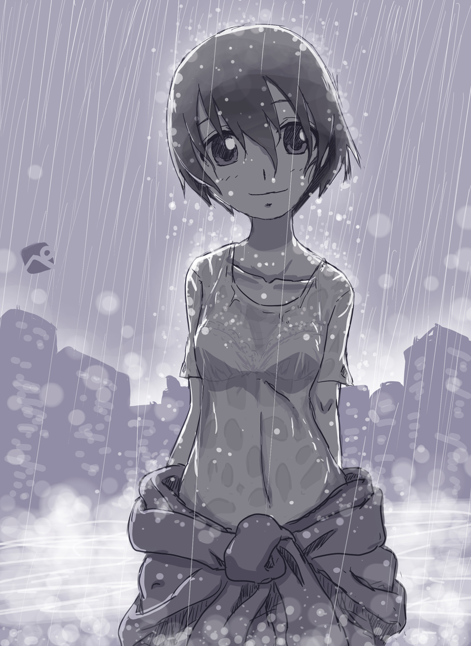 1girl arms_behind_back artist_logo bangs bra breasts brown_eyes brown_hair cityscape closed_mouth clothes_around_waist commentary covered_navel girls_und_panzer grey_sky highres jumpsuit kainushi looking_at_viewer mechanic nakajima_(girls_und_panzer) outdoors rain see-through shirt short_hair short_sleeves small_breasts smile solo standing t-shirt underwear wet wet_clothes wet_hair wet_shirt white_shirt