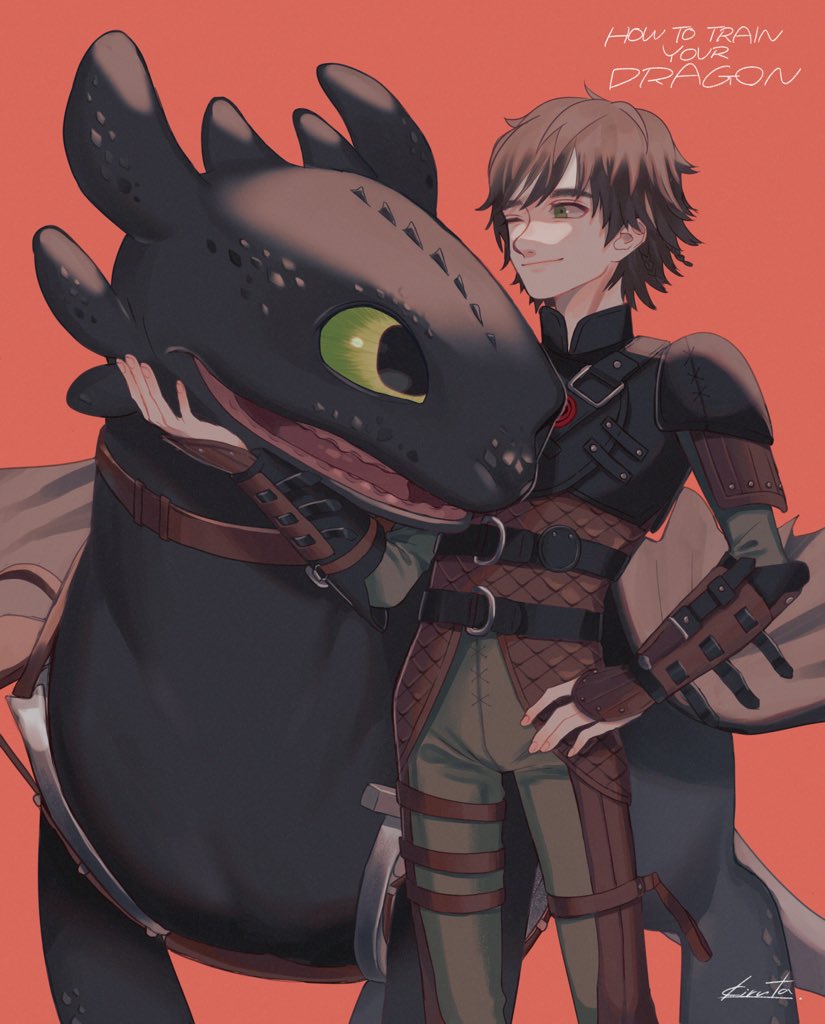 1boy brown_hair copyright_name dragon green_eyes green_sclera hand_on_hip hiccup_horrendous_haddock_iii how_to_train_your_dragon kirudai leather_armor looking_at_another male_focus one_eye_closed red_background signature simple_background smile standing toothless vambraces