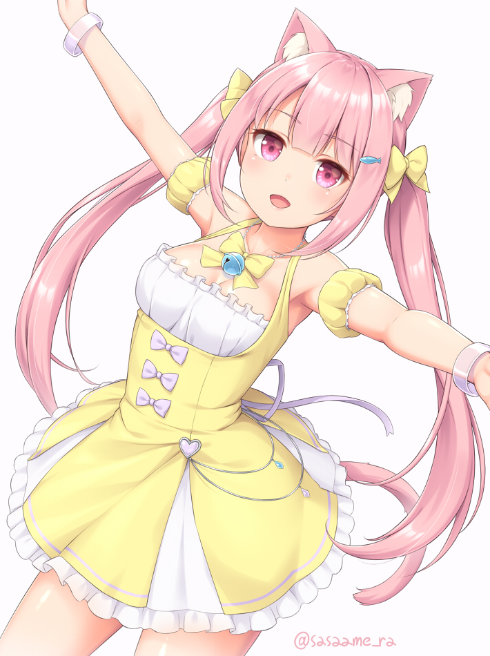 1girl animal_ears blush bow bracelet breasts cat_ears cat_tail dress eyebrows_visible_through_hair frilled_dress frills hair_bow hair_ornament jewelry long_hair looking_at_viewer medium_breasts open_mouth original outstretched_arms pink_eyes pink_hair sasaame solo spread_arms tail twintails twitter_username white_background yellow_bow