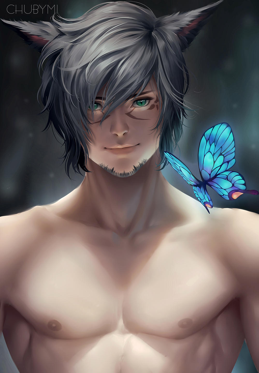 1boy animal_ears aqua_eyes artist_name bare_shoulders black_hair bug butterfly cat_ears chuby_mi closed_mouth collarbone facial_hair facial_mark facial_tattoo final_fantasy final_fantasy_xiv highres insect looking_at_viewer male_focus miqo'te realistic shirtless short_hair slit_pupils solo tattoo upper_body