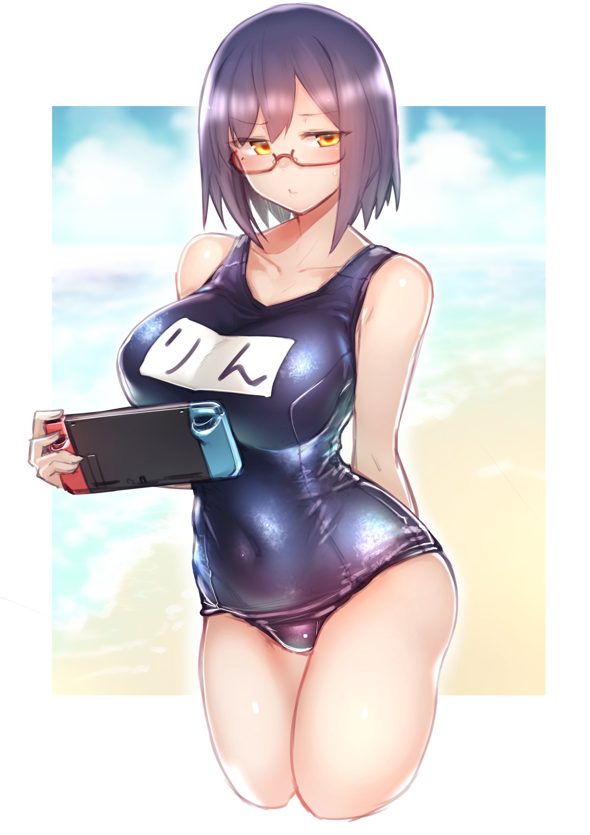1girl bare_shoulders beach blue_hair blue_swimsuit blush breasts character_name closed_mouth collarbone commentary covered_navel cowboy_shot game_console highres holding kagami_uekusa large_breasts looking_at_viewer mole mole_under_eye name_tag nijisanji nintendo_switch ocean outdoors red-framed_eyewear school_swimsuit semi-rimless_eyewear shizuka_rin short_hair solo sweatdrop swimsuit under-rim_eyewear virtual_youtuber yellow_eyes